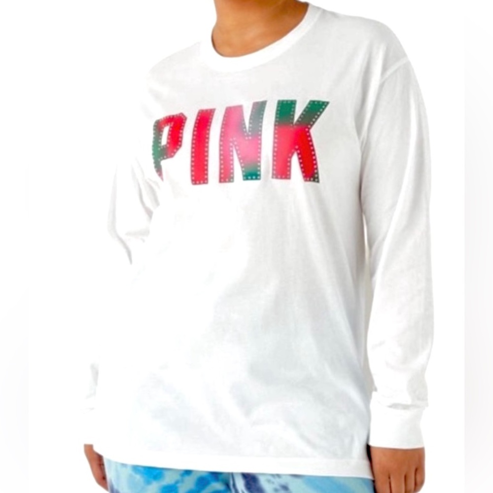 💕NWT VS PINK WHITE CAMPUS BLING TEE AND FLEECE BAGGY JOGGERS / 2 PIECE SET PINK - Picture 7 of 15